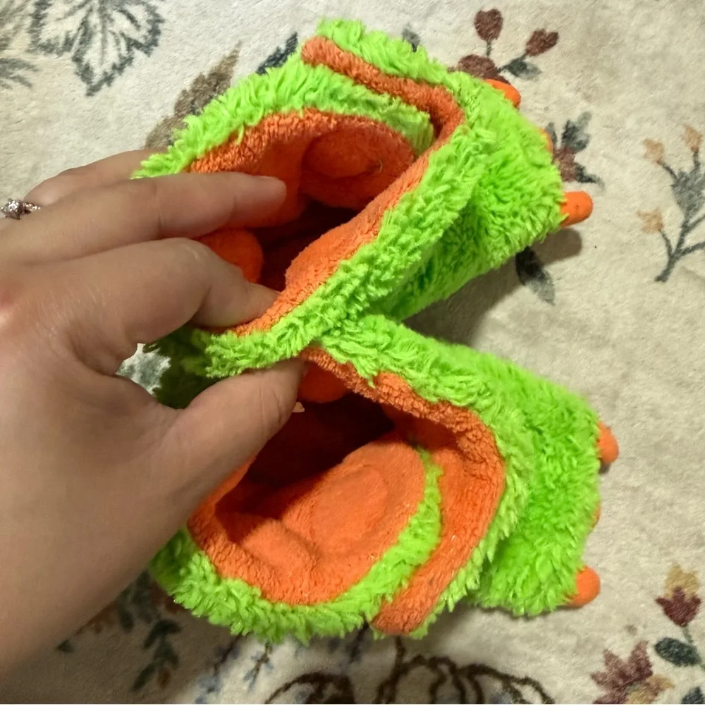 Green and Orange Plush Dinosaur Booties 7-8